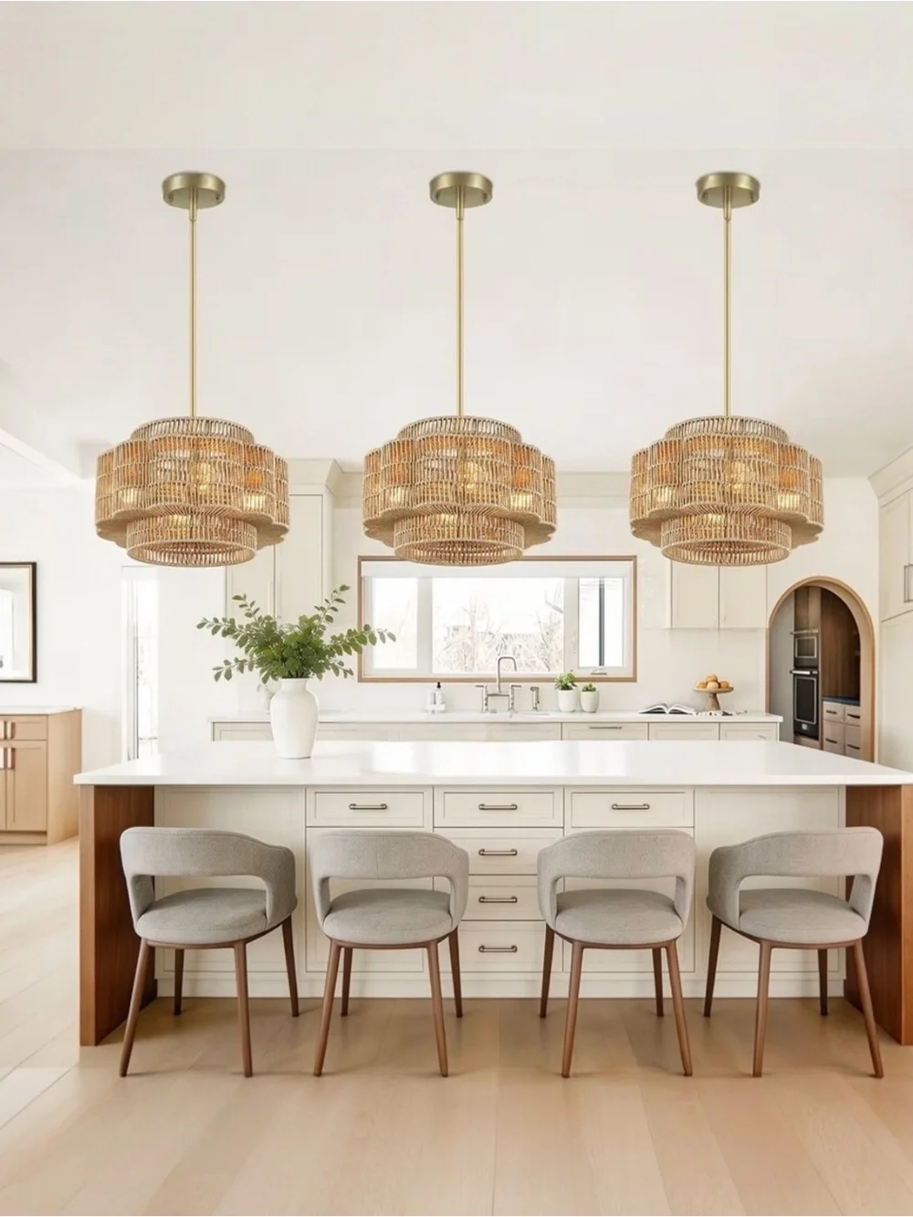 NEW West Elm XL 4-Light Petal Boho Rattan Woven Chandelier Hanging Light Fixture